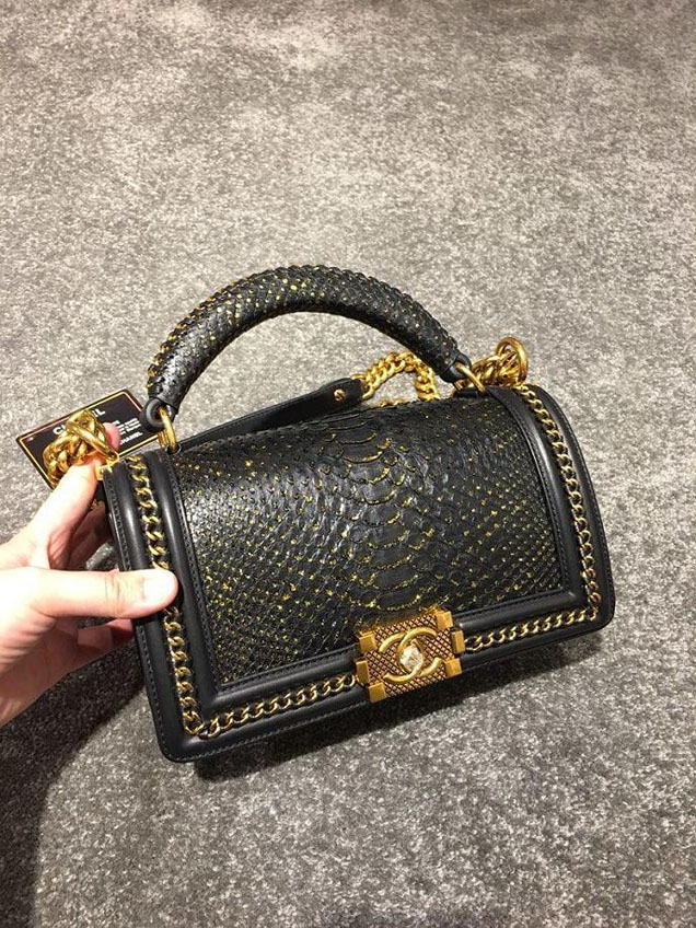 Chanel Chain Handle Bag 25cm Python Skin Leather Antique Gold Hardware Fall Winter Act 2 Collection Black Gold