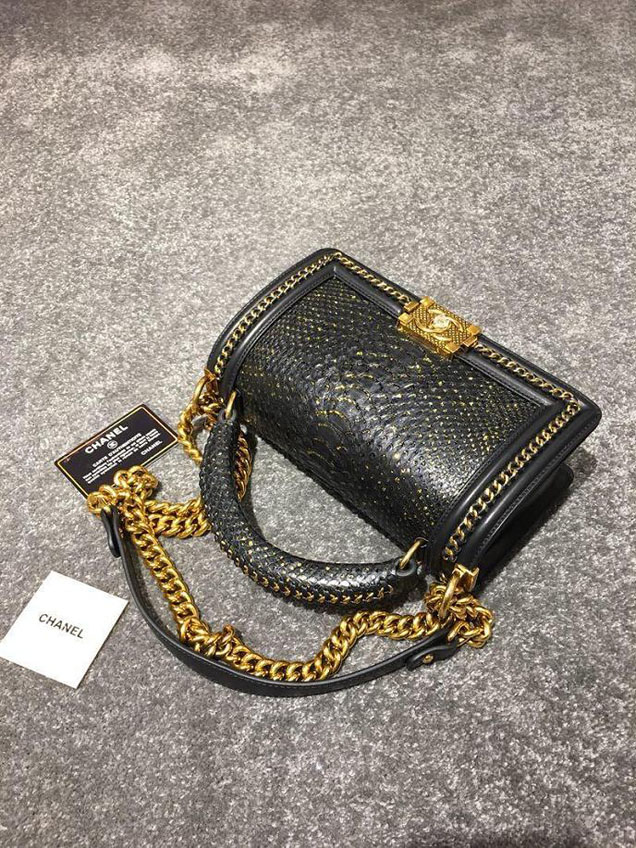 Chanel Chain Handle Bag 25cm Python Skin Leather Antique Gold Hardware Fall Winter Act 2 Collection Black Gold