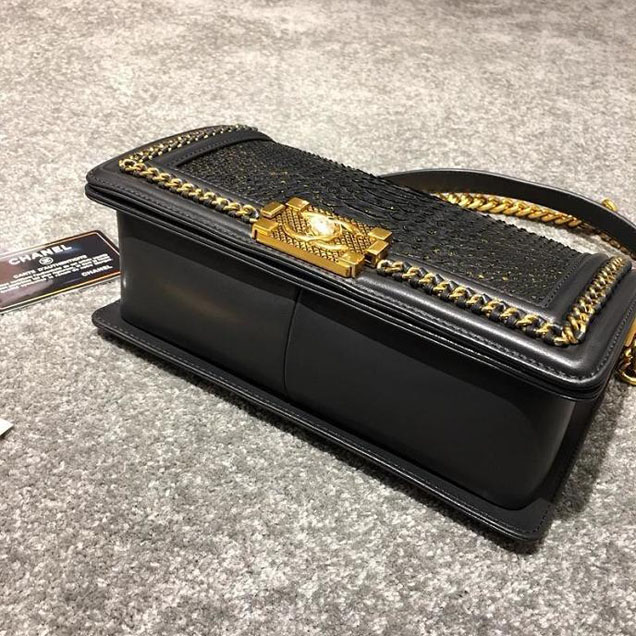 Chanel Chain Handle Bag 25cm Python Skin Leather Antique Gold Hardware Fall Winter Act 2 Collection Black Gold
