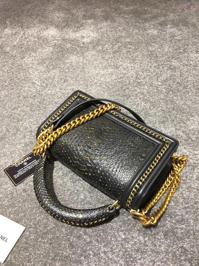 Chanel Chain Handle Bag 25cm Python Skin Leather Antique Gold Hardware Fall Winter Act 2 Collection Black Gold