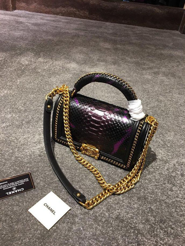 Chanel Chain Handle Bag 25cm Python Skin Leather Antique Gold Hardware Fall Winter Act 2 Collection Black Purple Burgundy