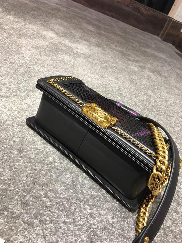 Chanel Chain Handle Bag 25cm Python Skin Leather Antique Gold Hardware Fall Winter Act 2 Collection Black Purple Burgundy