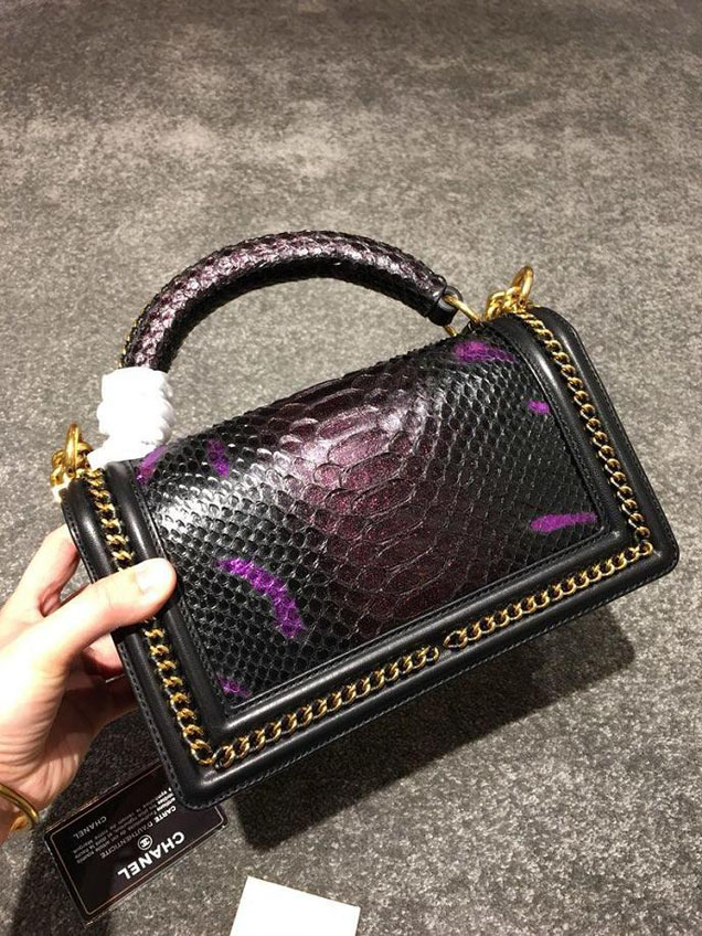 Chanel Chain Handle Bag 25cm Python Skin Leather Antique Gold Hardware Fall Winter Act 2 Collection Black Purple Burgundy