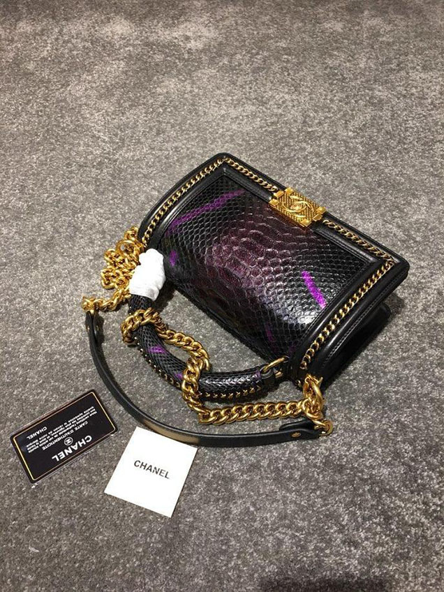 Chanel Chain Handle Bag 25cm Python Skin Leather Antique Gold Hardware Fall Winter Act 2 Collection Black Purple Burgundy
