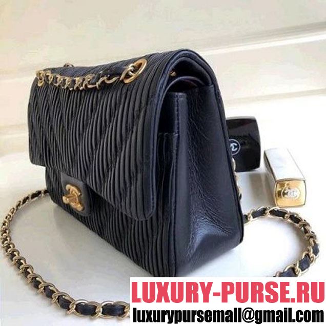 Chanel Pleated Crumpled Calfskin Classic Flap Medium Bag Black 2018 (1A111-8030505 )