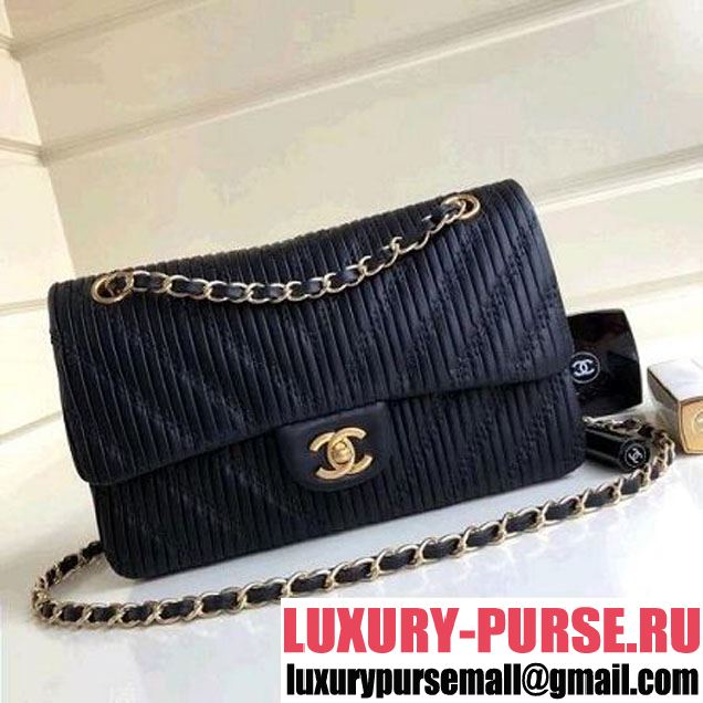 Chanel Pleated Crumpled Calfskin Classic Flap Medium Bag Black 2018 (1A111-8030505 )