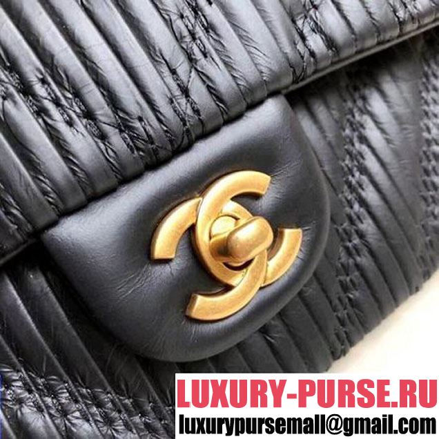 Chanel Pleated Crumpled Calfskin Classic Flap Medium Bag Black 2018 (1A111-8030505 )