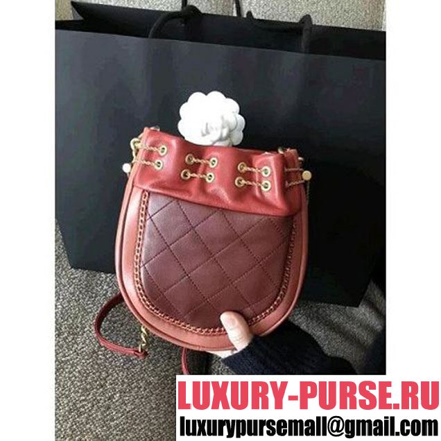 Chanel Calfskin Metal Drawstring Bucket Bag Red/Burgundy 2018 (2A143-8030515 )