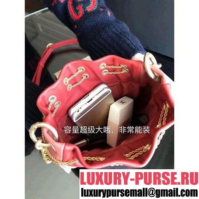 Chanel Calfskin Metal Drawstring Bucket Bag Red/Burgundy 2018 (2A143-8030515 )