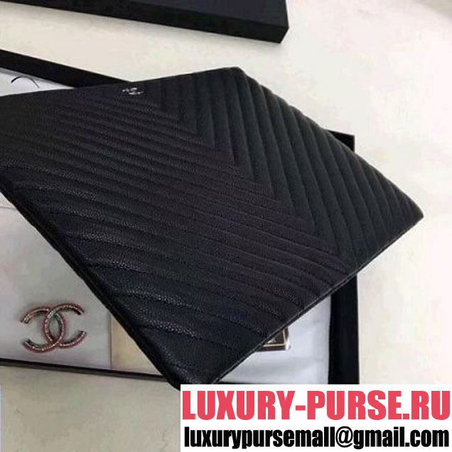 Chanel Chevron Grained Calfskin Large Pouch Black (Silver-tone Metal) (ZMD-8031224 )