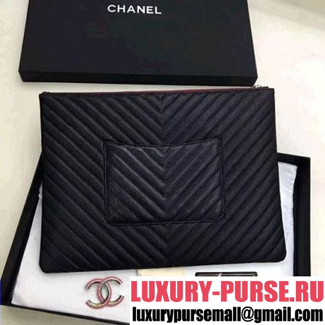 Chanel Chevron Grained Calfskin Large Pouch Black (Silver-tone Metal) (ZMD-8031224 )