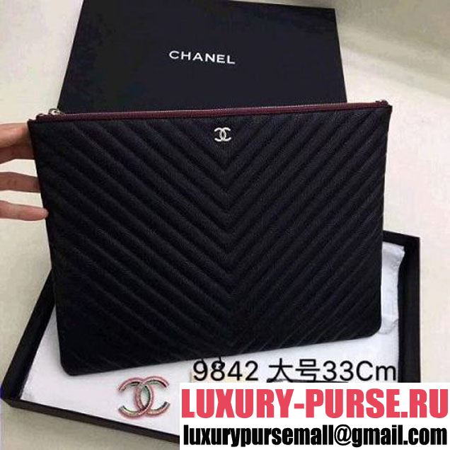 Chanel Chevron Grained Calfskin Large Pouch Black (Silver-tone Metal) (ZMD-8031224 )