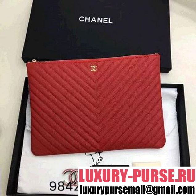 Chanel Chevron Grained Calfskin Small Pouch Red (Gold-tone Metal) (ZMD-8031231 )