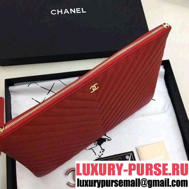Chanel Chevron Grained Calfskin Small Pouch Red (Gold-tone Metal) (ZMD-8031231 )