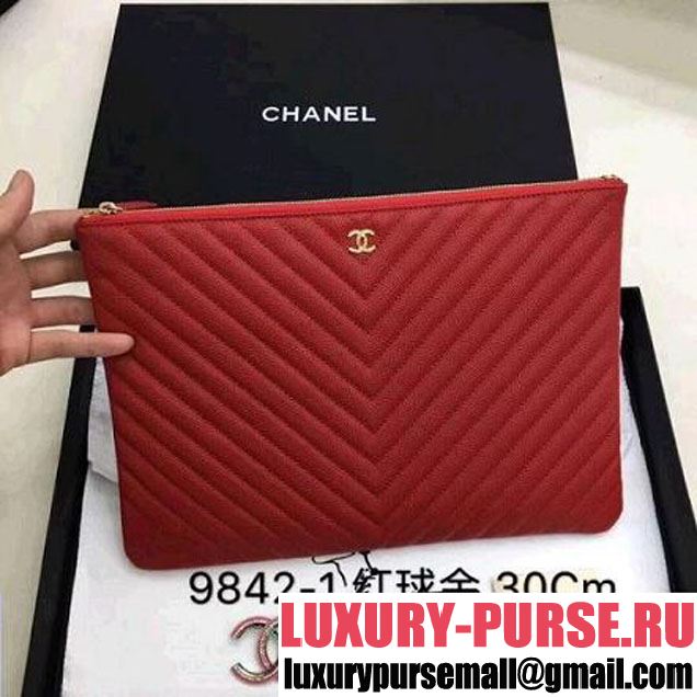 Chanel Chevron Grained Calfskin Small Pouch Red (Gold-tone Metal) (ZMD-8031231 )