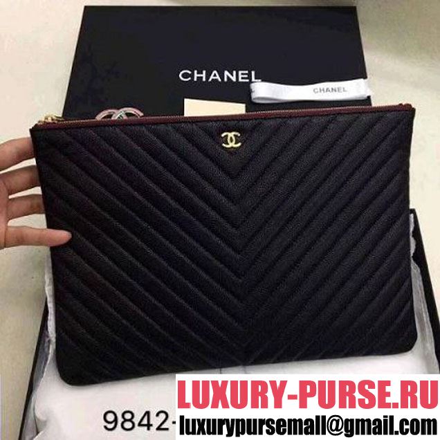 Chanel Chevron Grained Calfskin Small Pouch Black (Gold-tone Metal) (ZMD-8031229 )