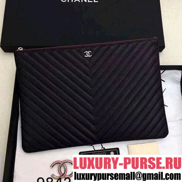 Chanel Chevron Grained Calfskin Small Pouch Black (Silver-tone Metal) (ZMD-8031228 )