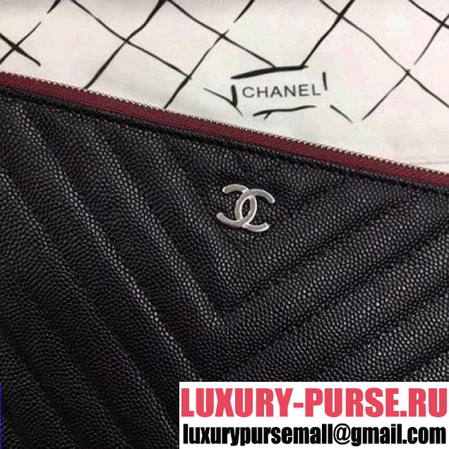 Chanel Chevron Grained Calfskin Small Pouch Black (Silver-tone Metal) (ZMD-8031228 )