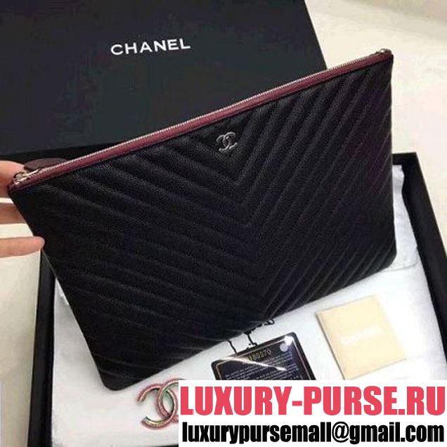 Chanel Chevron Grained Calfskin Small Pouch Black (Silver-tone Metal) (ZMD-8031228 )