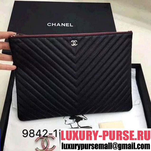 Chanel Chevron Grained Calfskin Small Pouch Black (Silver-tone Metal) (ZMD-8031228 )