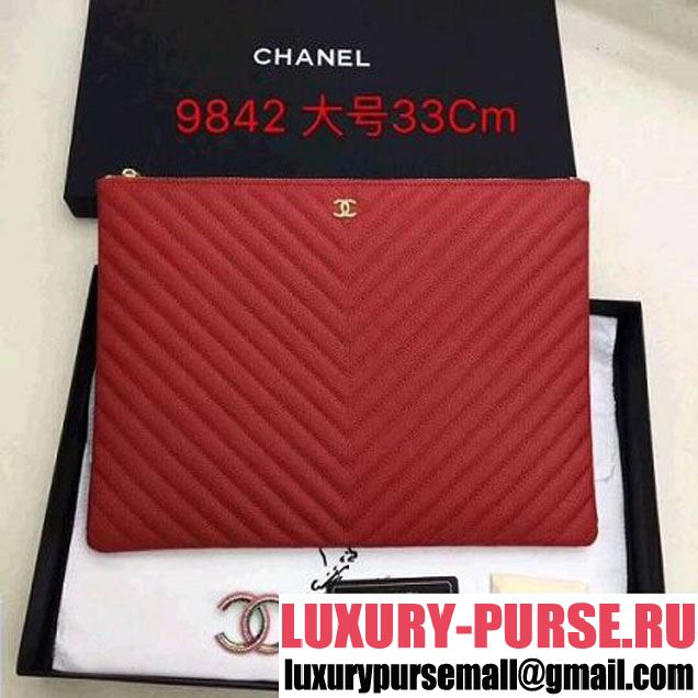 Chanel Chevron Grained Calfskin Large Pouch Red (Gold-tone Metal) (ZMD-8031227 )