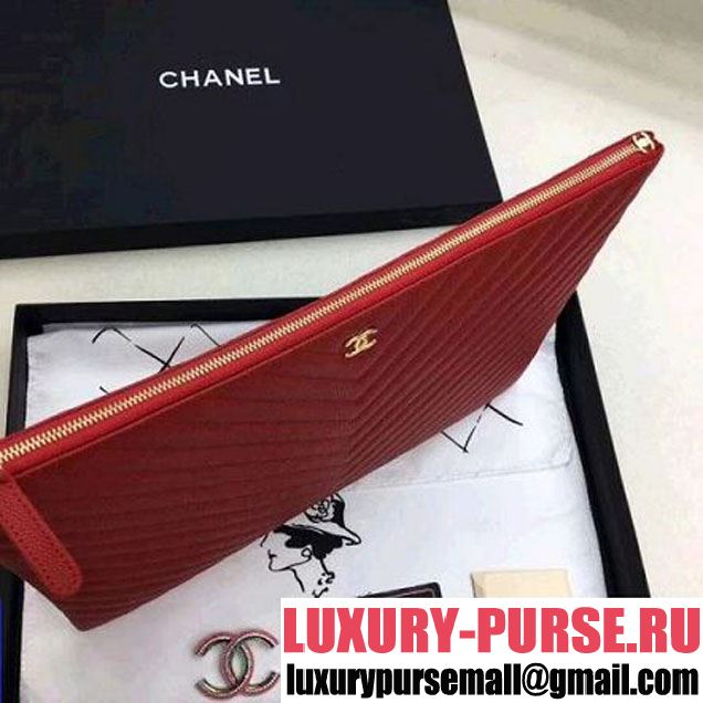Chanel Chevron Grained Calfskin Large Pouch Red (Gold-tone Metal) (ZMD-8031227 )