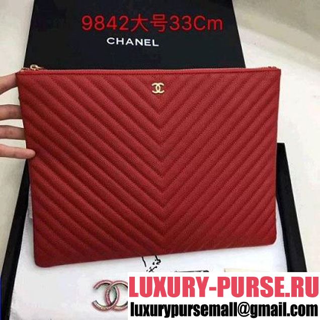 Chanel Chevron Grained Calfskin Large Pouch Red (Gold-tone Metal) (ZMD-8031227 )