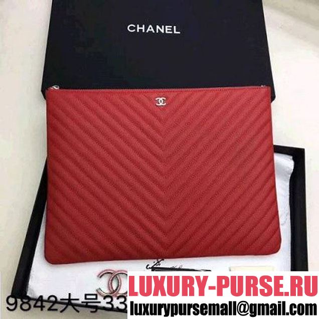 Chanel Chevron Grained Calfskin Large Pouch Red (Silver-tone Metal) (ZMD-8031226 )