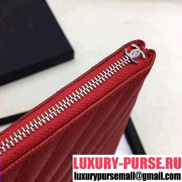 Chanel Chevron Grained Calfskin Large Pouch Red (Silver-tone Metal) (ZMD-8031226 )