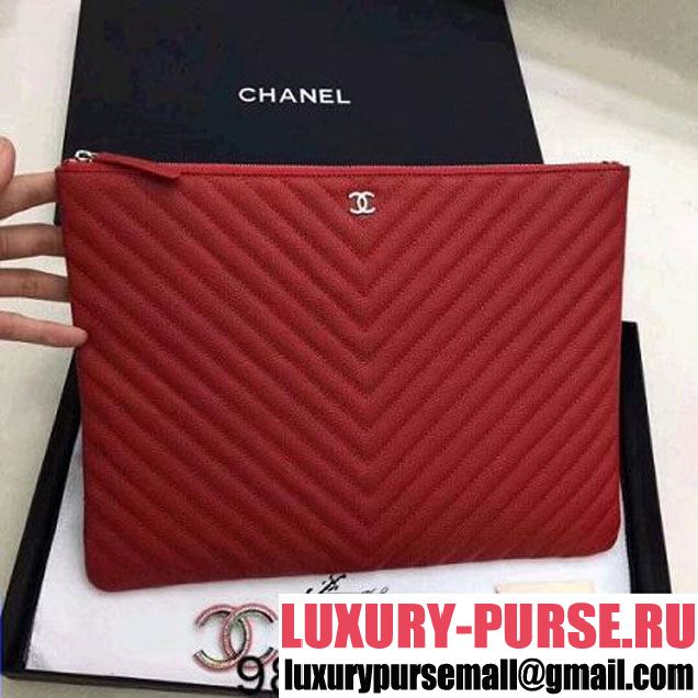 Chanel Chevron Grained Calfskin Large Pouch Red (Silver-tone Metal) (ZMD-8031226 )