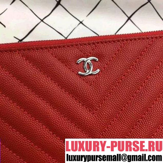 Chanel Chevron Grained Calfskin Large Pouch Red (Silver-tone Metal) (ZMD-8031226 )