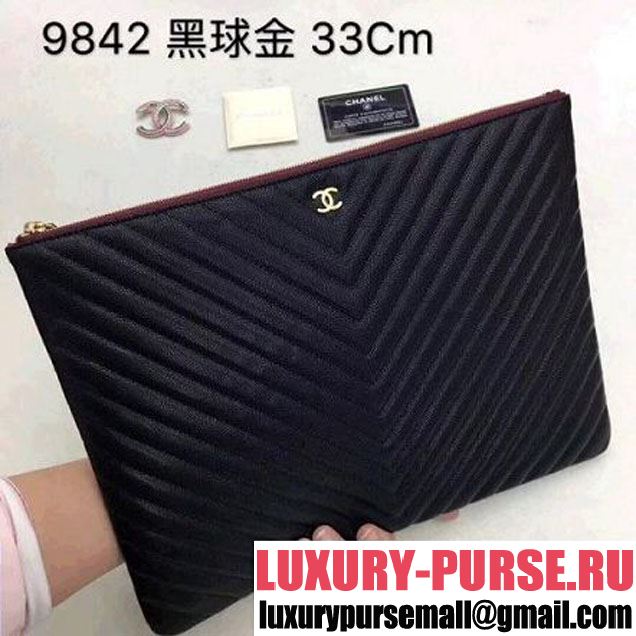 Chanel Chevron Grained Calfskin Large Pouch Black (Gold-tone Metal) (ZMD-8031225 )