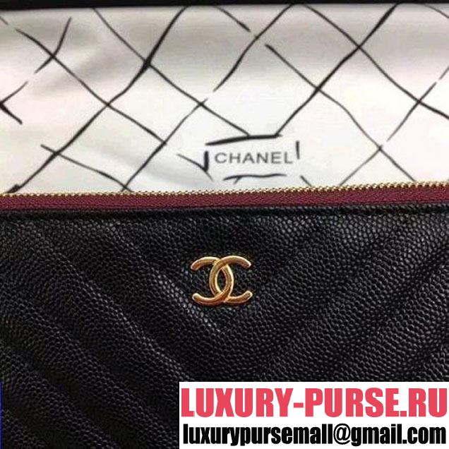 Chanel Chevron Grained Calfskin Large Pouch Black (Gold-tone Metal) (ZMD-8031225 )