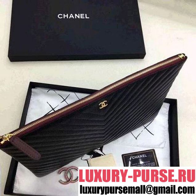 Chanel Chevron Grained Calfskin Large Pouch Black (Gold-tone Metal) (ZMD-8031225 )