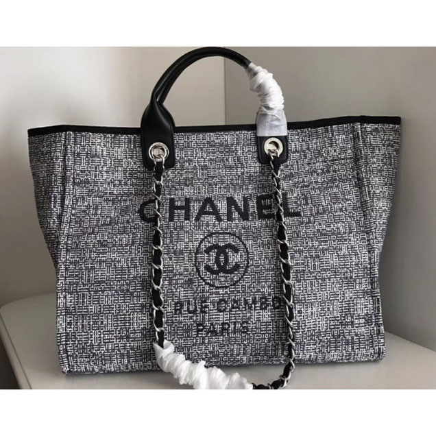 Chanel Golden Silk Thread Deauville Canvas Shopping Bag Black