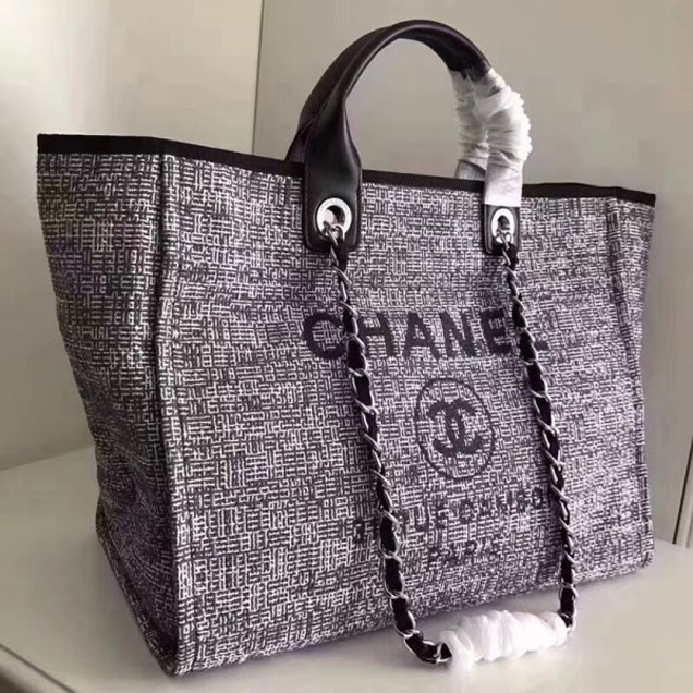 Chanel Golden Silk Thread Deauville Canvas Shopping Bag Black