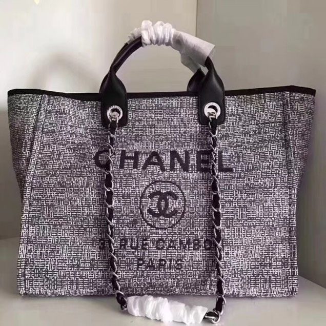 Chanel Golden Silk Thread Deauville Canvas Shopping Bag Black