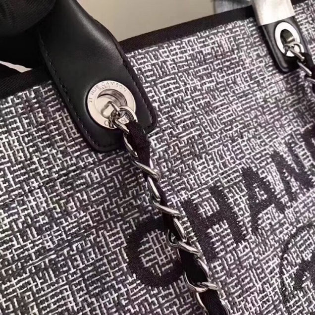 Chanel Golden Silk Thread Deauville Canvas Shopping Bag Black