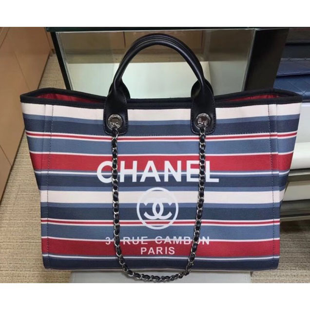 Chanel Canvas Deauville Shopping Bag A66941 Stripe Black/Blue/Red 2018