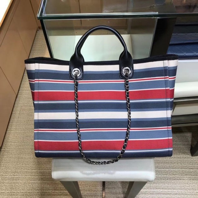 Chanel Canvas Deauville Shopping Bag A66941 Stripe Black/Blue/Red 2018