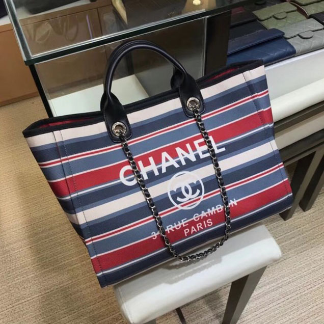 Chanel Canvas Deauville Shopping Bag A66941 Stripe Black/Blue/Red 2018