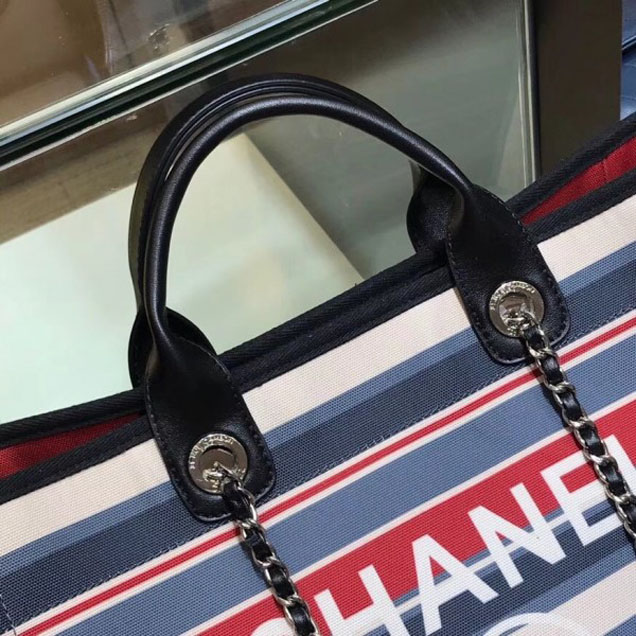 Chanel Canvas Deauville Shopping Bag A66941 Stripe Black/Blue/Red 2018