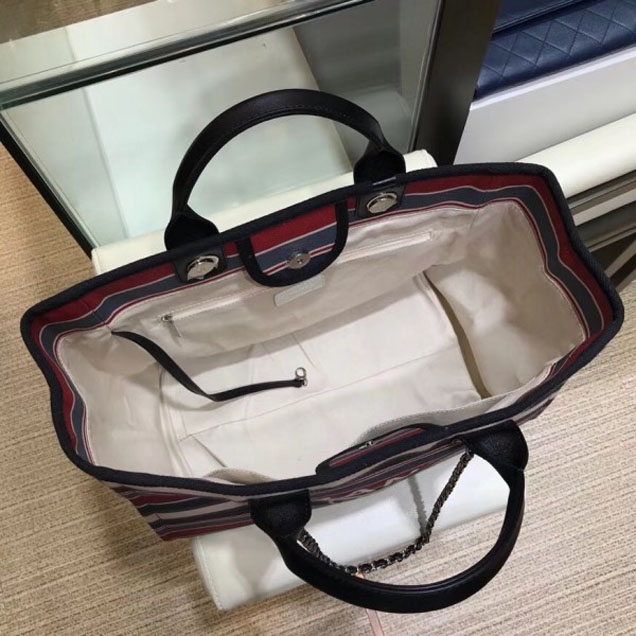 Chanel Canvas Deauville Shopping Bag A66941 Stripe Black/Blue/Red 2018