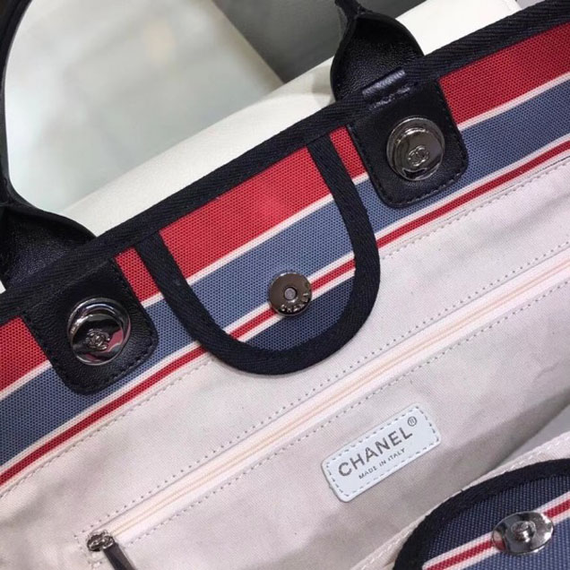Chanel Canvas Deauville Shopping Bag A66941 Stripe Black/Blue/Red 2018