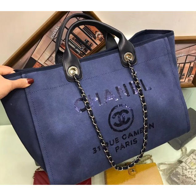 Chanel Canvas with Sequins Deauville Tote Medium Shopping Bag A66941 Dark Blue