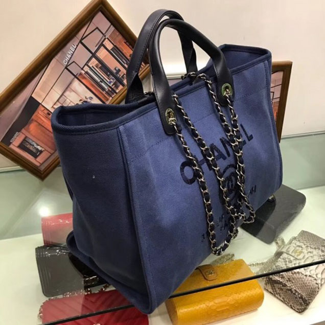 Chanel Canvas with Sequins Deauville Tote Medium Shopping Bag A66941 Dark Blue