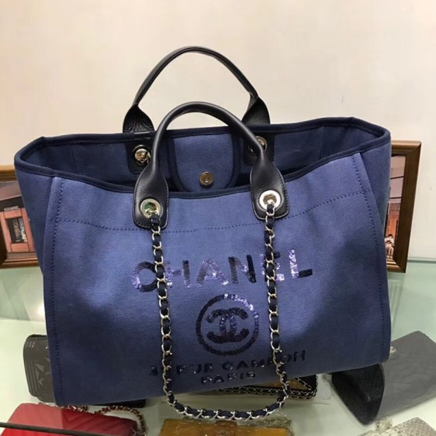 Chanel Canvas with Sequins Deauville Tote Medium Shopping Bag A66941 Dark Blue