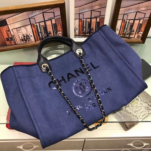Chanel Canvas with Sequins Deauville Tote Medium Shopping Bag A66941 Dark Blue