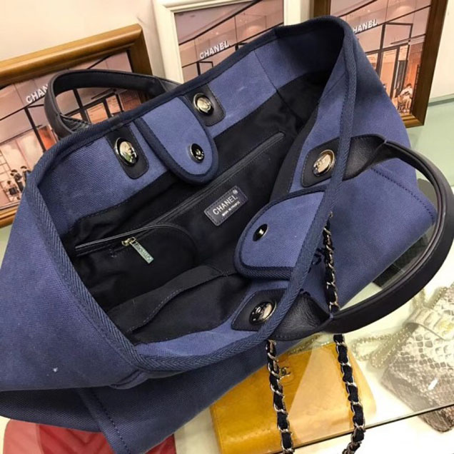 Chanel Canvas with Sequins Deauville Tote Medium Shopping Bag A66941 Dark Blue