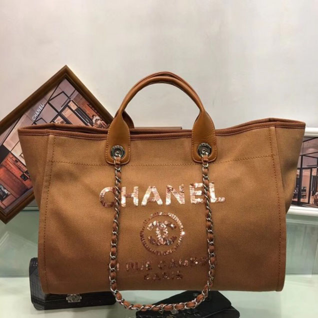 Chanel Canvas with Sequins Deauville Tote Medium Shopping Bag A66941 Caramel